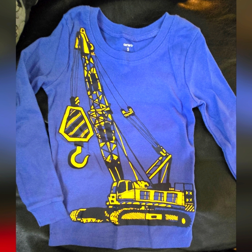 Carter's Blue W/yellow Construction Crane Long Sleeve Tee Sz5 NWOT - Picture 1 of 5
